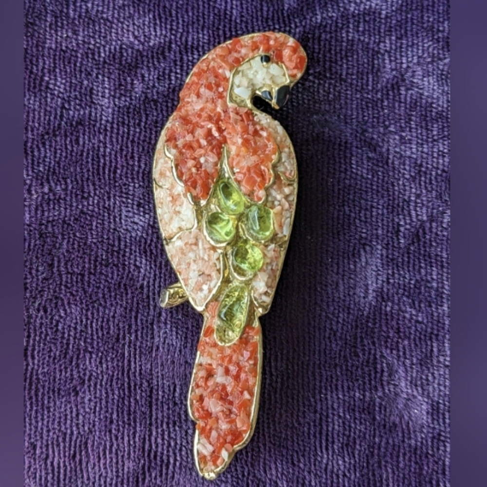 Vintage 10K Gold Plated Parrot Brooch With Natural Peridot And Corals